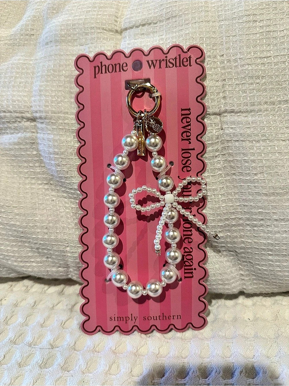 NWT Simply Southern Phone Wristlet - Pearl Bow Pink & White - fits all phones